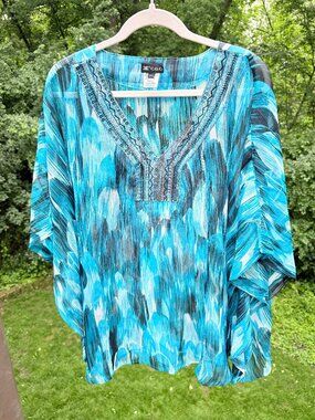 C.O.C. Turquoise Sheer Tunic Kaftan, Flowy Colors, Sequined V-Neck Neckline, 3X